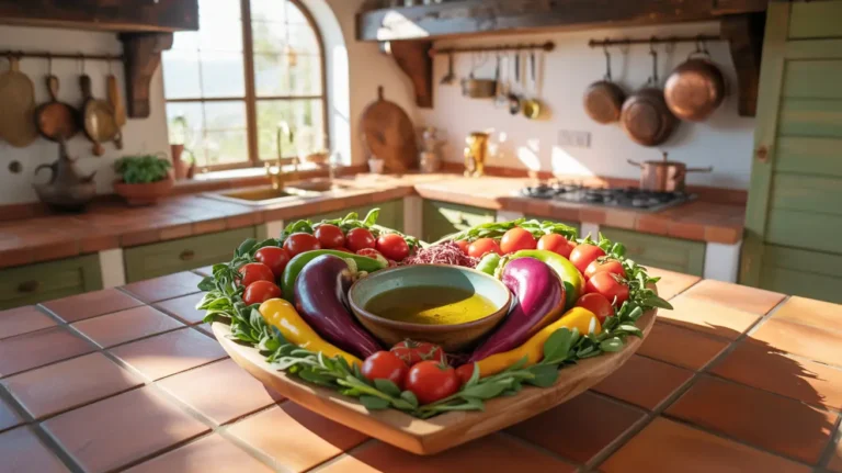 Heart-healthy Mediterranean ingredients like olive oil, fruits, and vegetables, emphasizing the benefits of the Mediterranean diet