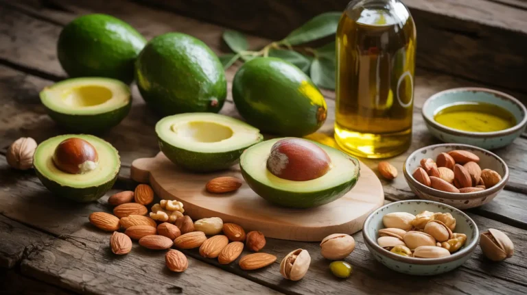 Healthy fats from avocados, nuts, and olive oil, key components of the Mediterranean diet for heart health.