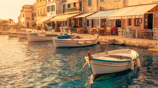 Kaş harbor with small cafés, boats, and sunset glow reflecting on calm turquoise water
