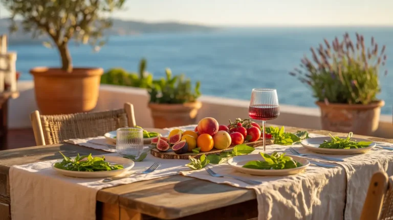 A Mediterranean meal outdoors, showcasing heart-healthy foods like fruits, vegetables, and red wine, promoting long-term heart health.