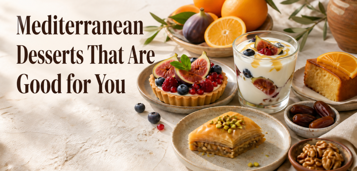 Mediterranean desserts featuring healthy baklava, fruit tarts, and Greek yogurt parfaits