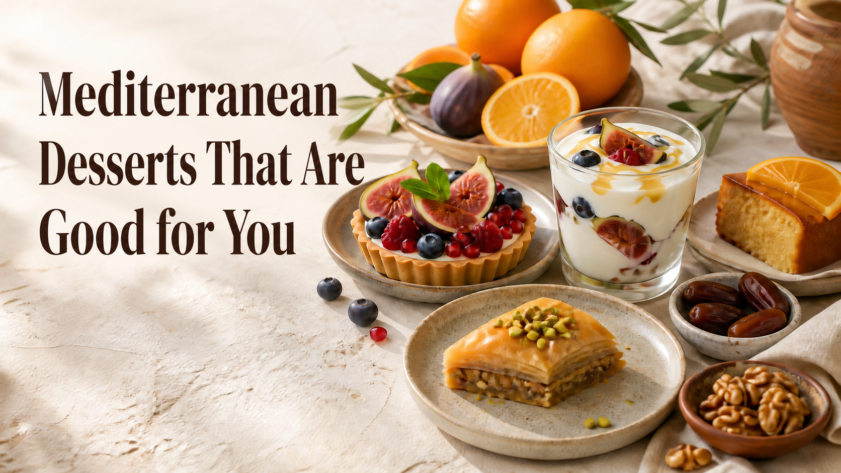 Mediterranean desserts featuring healthy baklava, fruit tarts, and Greek yogurt parfaits